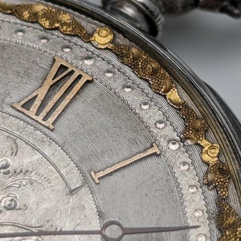 1880年頃 アンティーク Bauer 装飾ダイヤル 鍵巻き 懐中時計 銀側 直径44mm 稼働品 訳あり